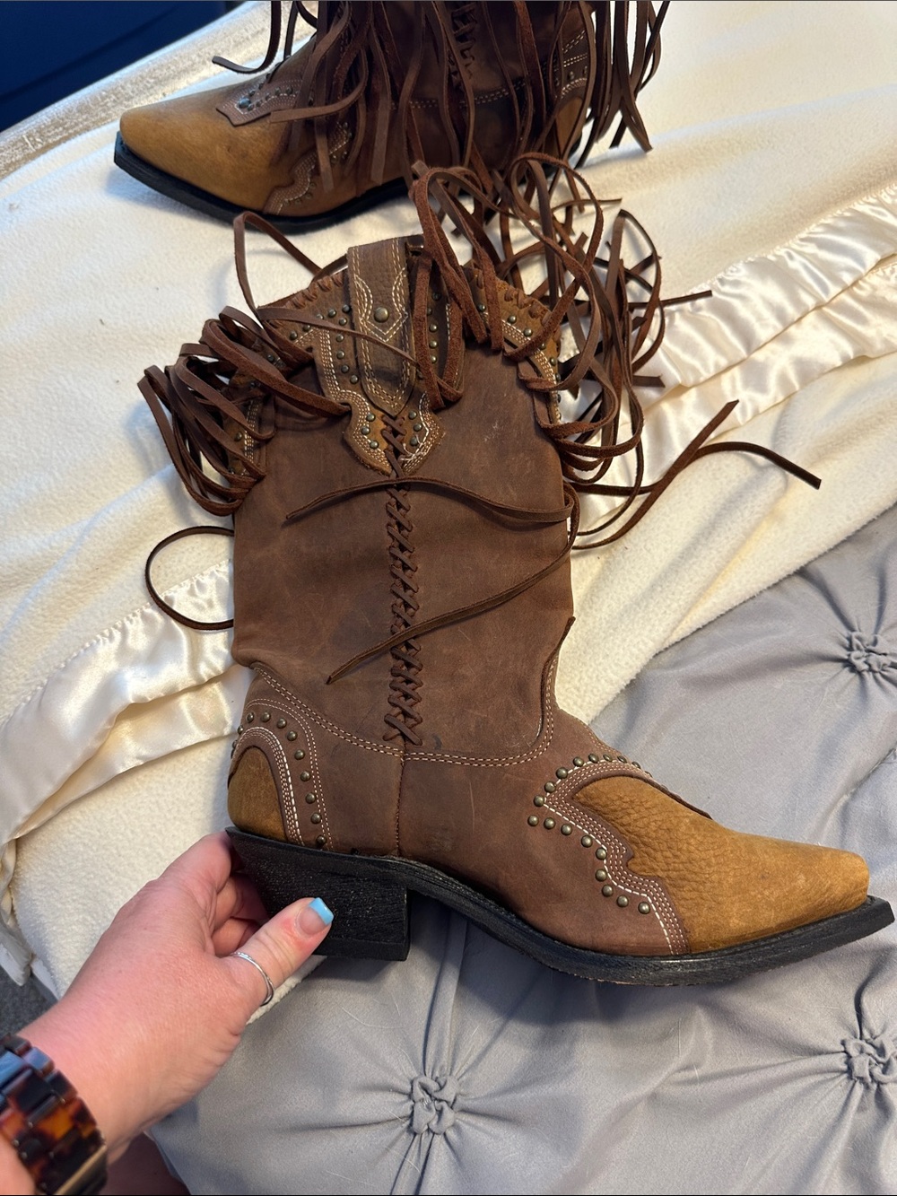 Fringed Brown Western Ankle Boots - Women - Picture 4 of 7